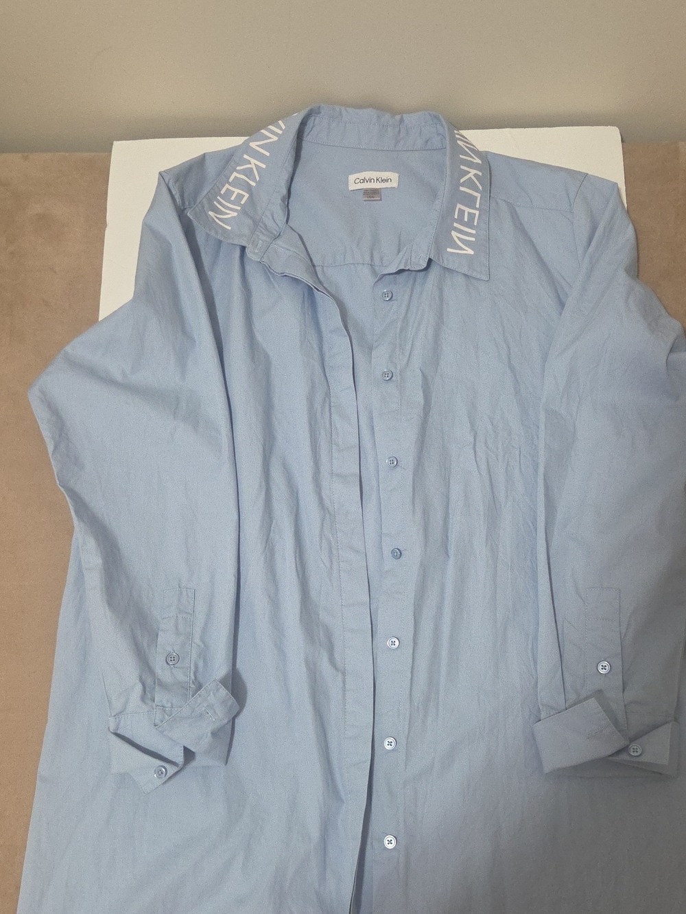 Calvin Klein Men's Sky Blue Button-Down Shirt with Branded Collar